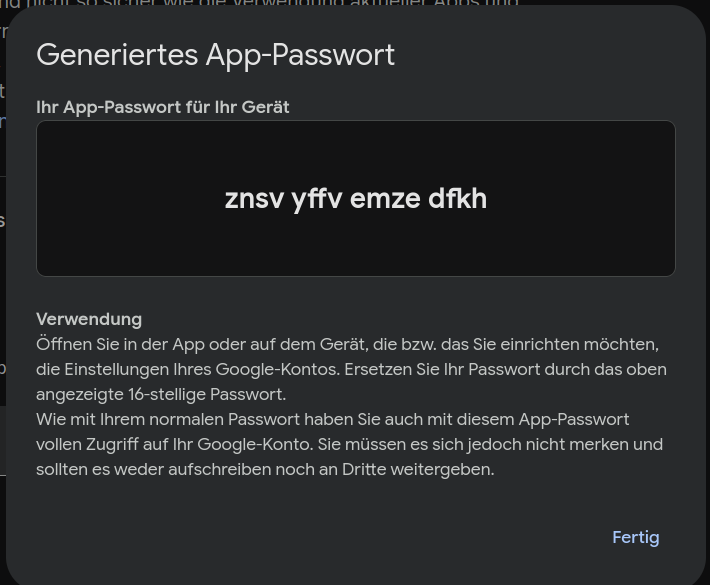 Das 16-stellige Google App-Passwort kopieren